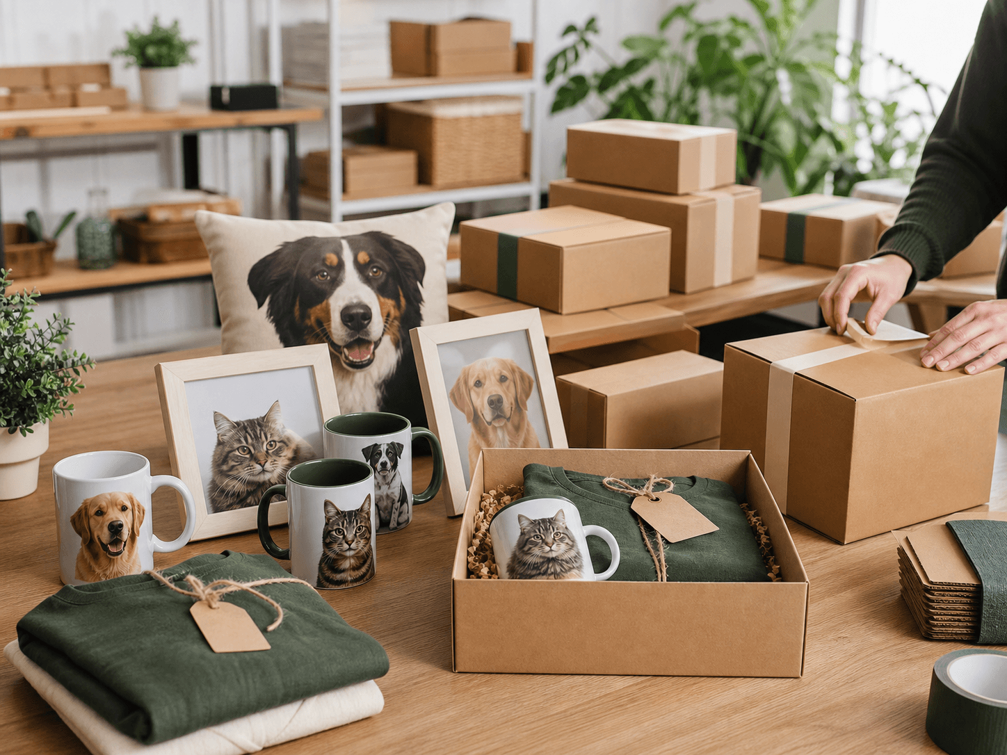 Multiple personalized Amazon orders moving through an organized fulfillment station