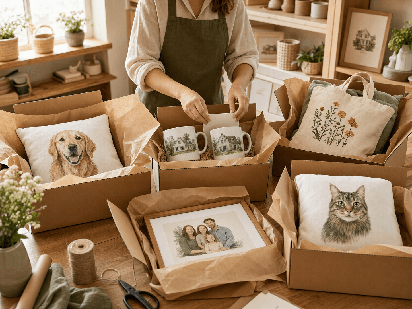 A personalized Etsy gift shop packing several unique customer orders