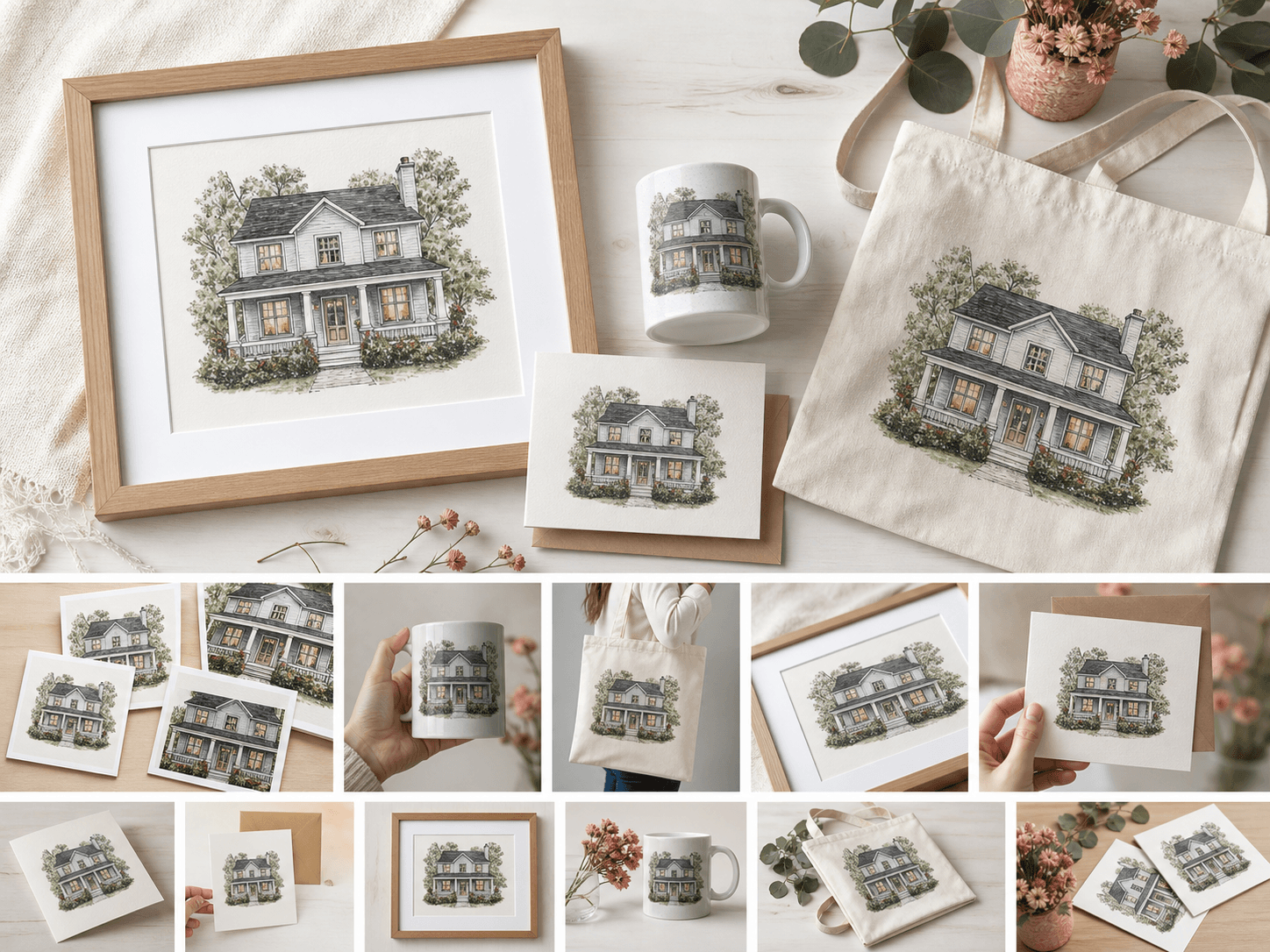 A personalized house portrait presented as a complete Etsy listing photo kit