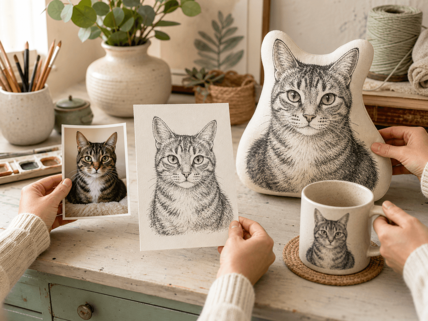 A customer cat photo becoming a portrait proof and finished personalized products