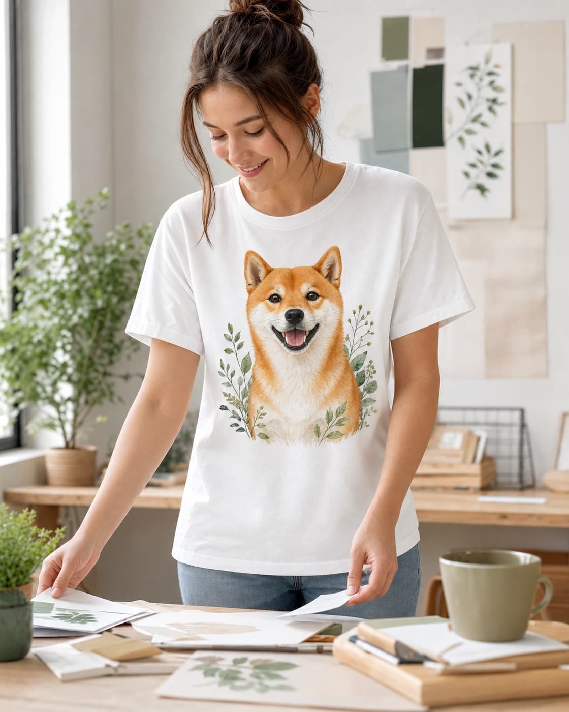 A maker wearing a personalized Shiba Inu portrait T-shirt in a home studio
