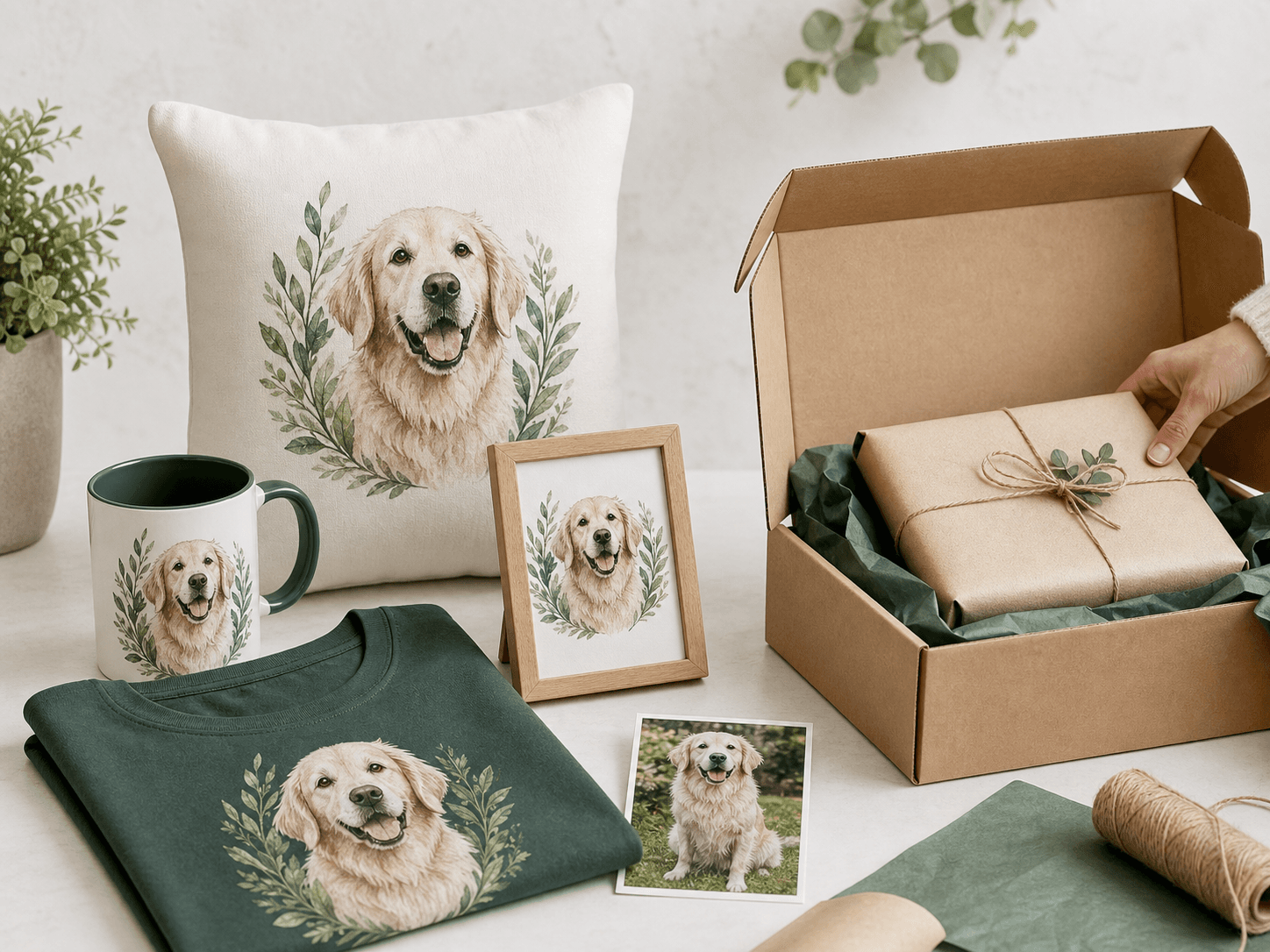 A coordinated family of personalized pet products being packed for fulfillment