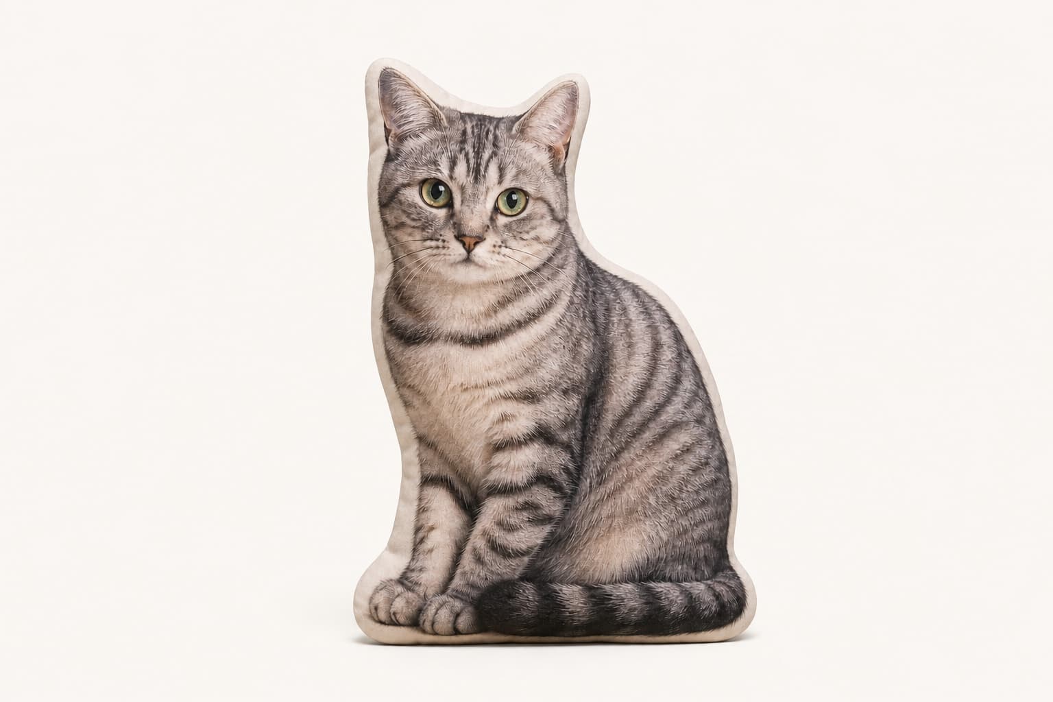 A gray tabby cat shaped photo pillow
