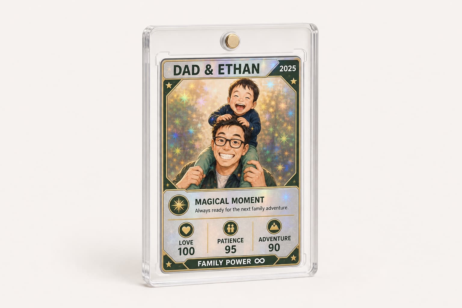 A personalized holographic photo card in a clear magnetic case