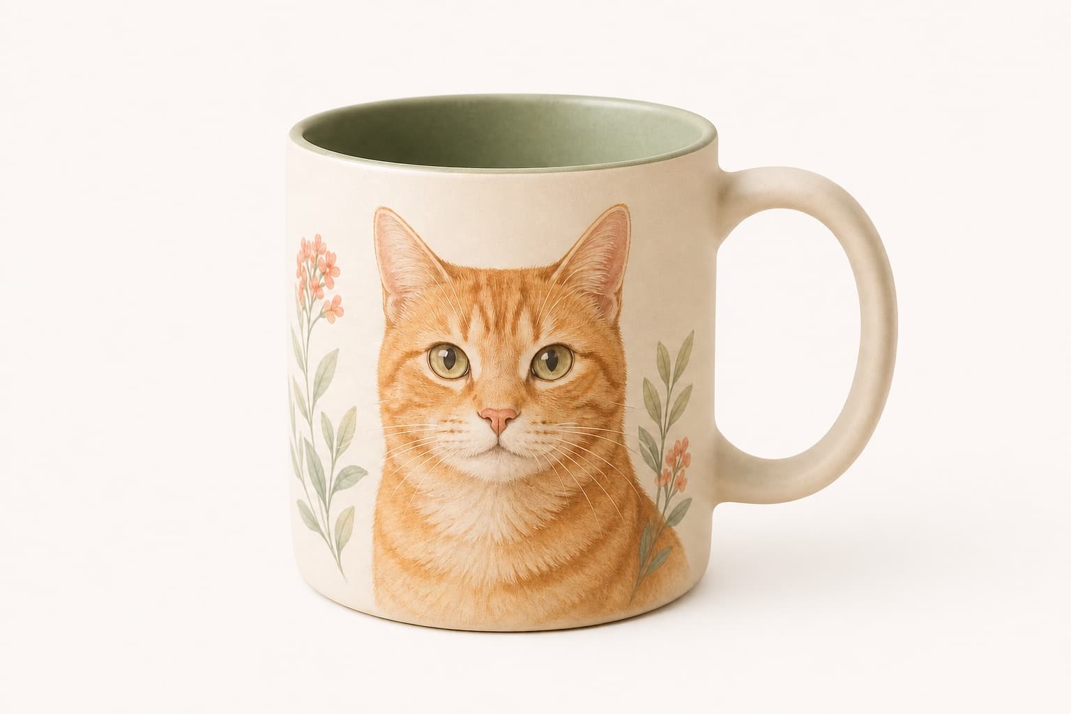 A ceramic mug personalized with an orange tabby cat portrait