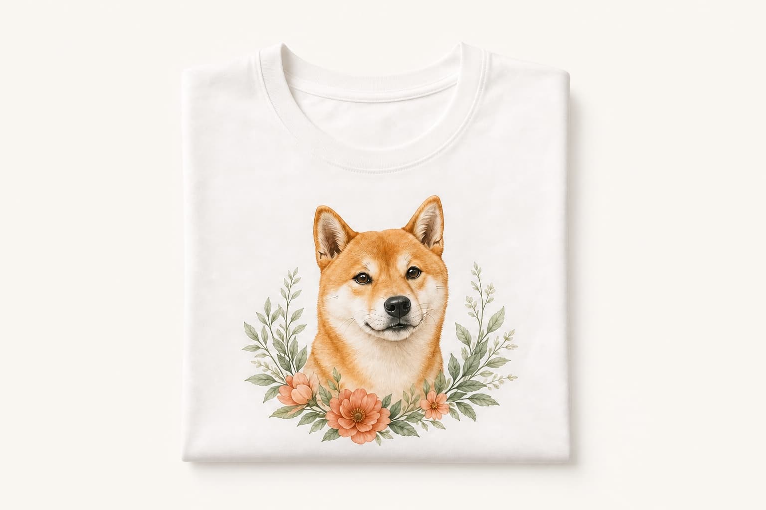 A white T-shirt personalized with a shiba inu portrait
