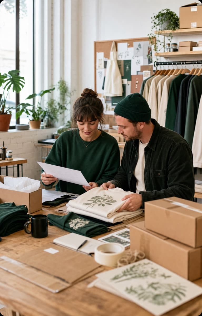 A growing print-on-demand team reviewing product orders