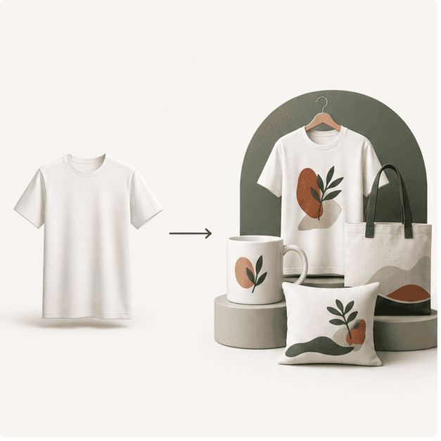 A plain shirt turning into a set of personalized products including a shirt, mug, tote, and pillow